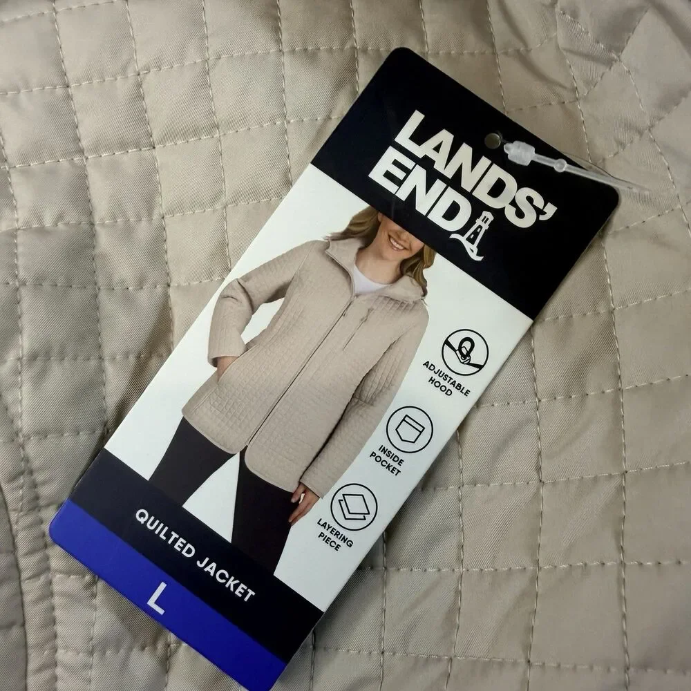 Lands' End Lightweight Hooded Quilted Jacket Tan Women's Size Large full Zip NEW